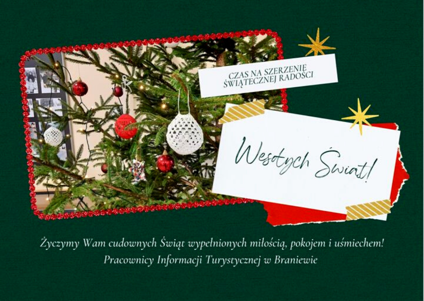 Kartka świąteczna: Życzymy Wam cudownych Świat wypełnionych miłością, pokojem i uśmiechem! Pracownicy Informacji Turystycznej w Braniewie 