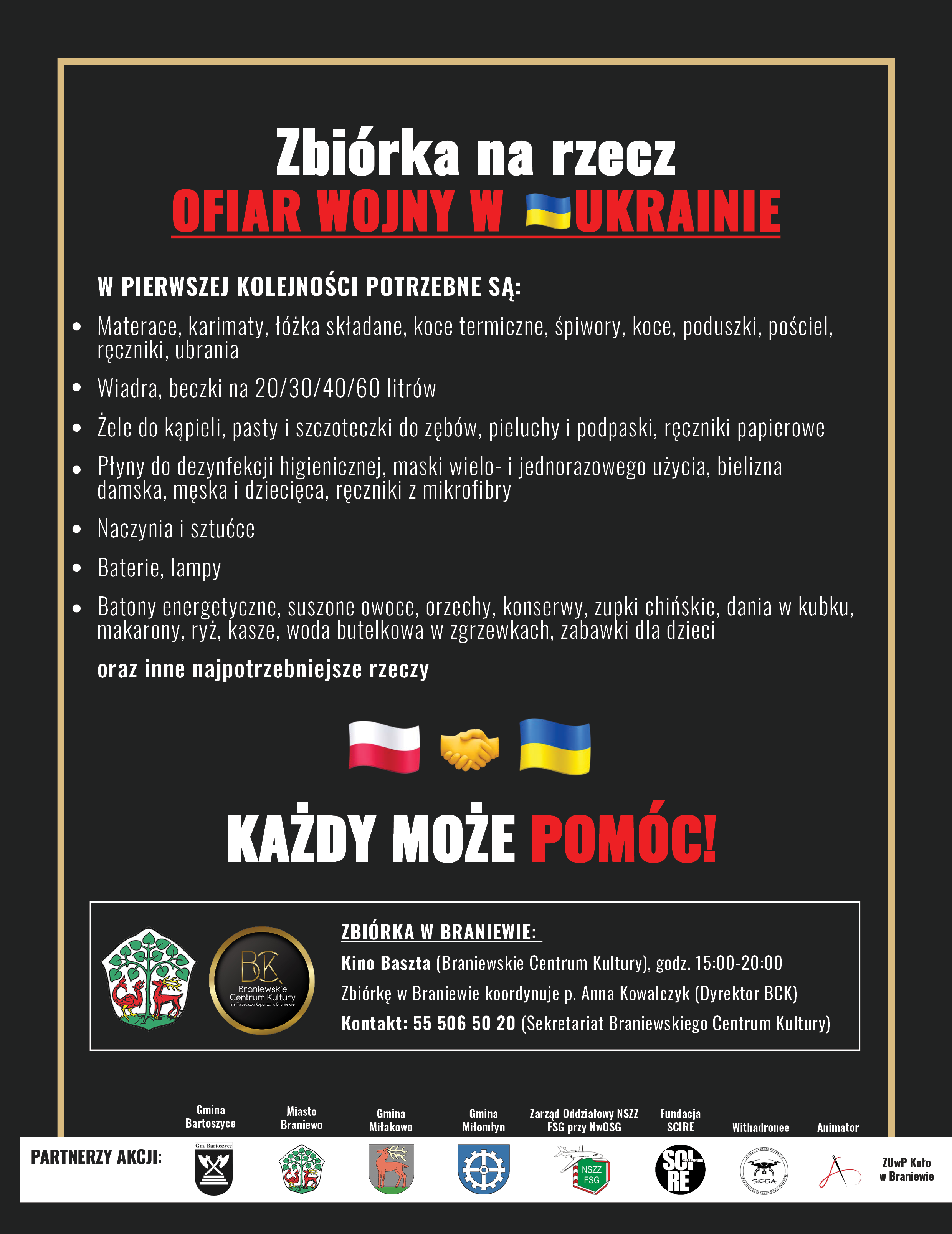 Plakat dotycząy pomocy ofiarom wojny na Ukrainie